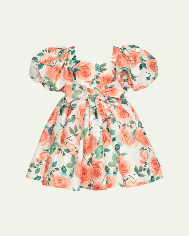 Girl's Rose Balloon-Sleeve Dress, SIze 3T-12